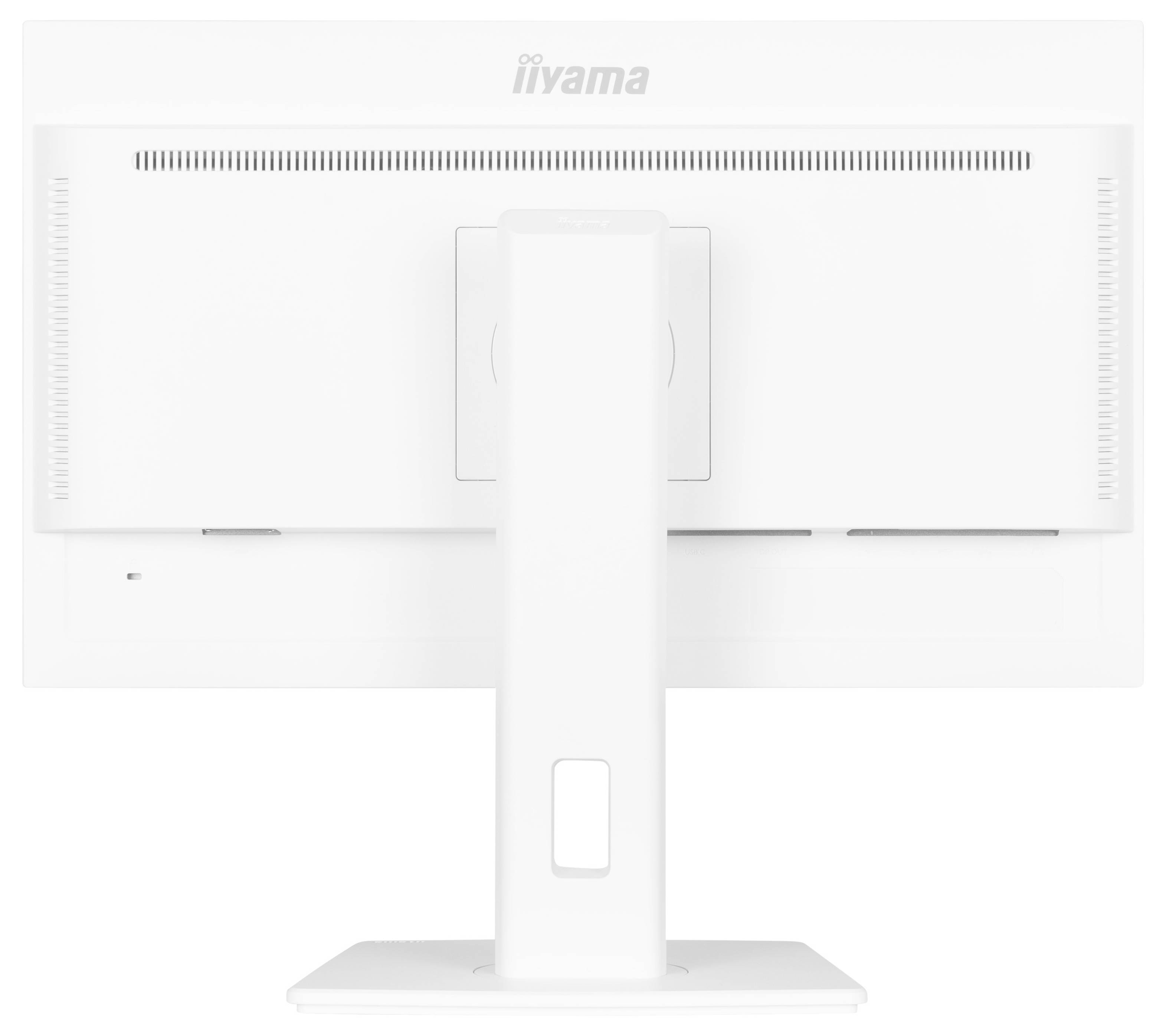 Vue arrière d'un écran d'ordinateur blanc avec socle, ne montrant aucun connecteur ou détail visible.