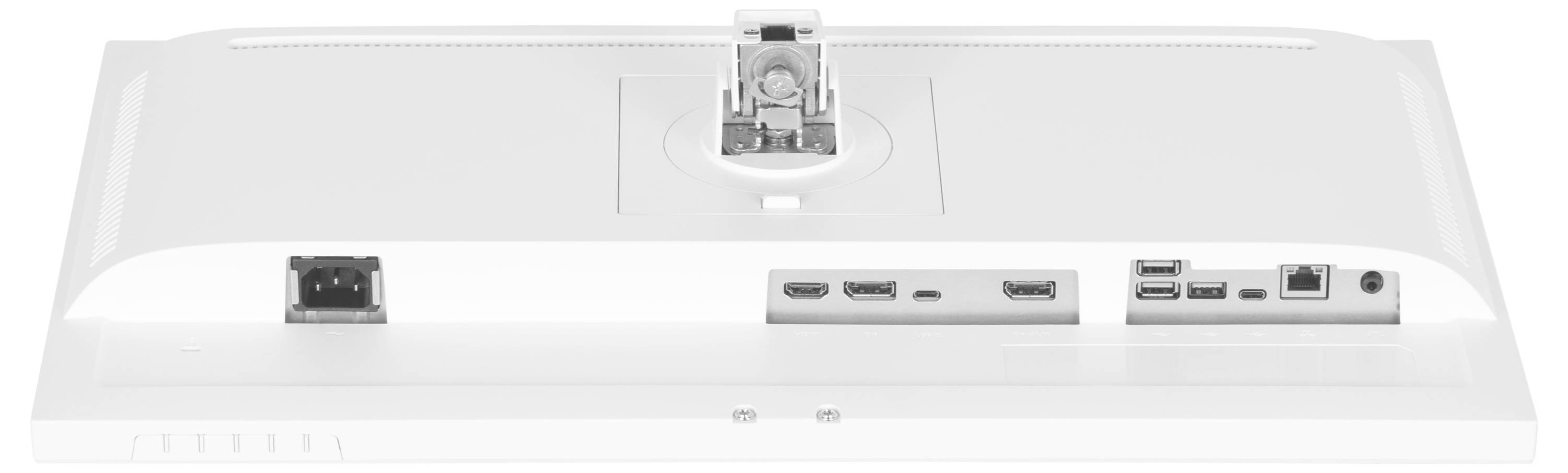 Le dos d'un moniteur présente des connexions : alimentation électrique, HDMI, DisplayPort, USB et Ethernet.