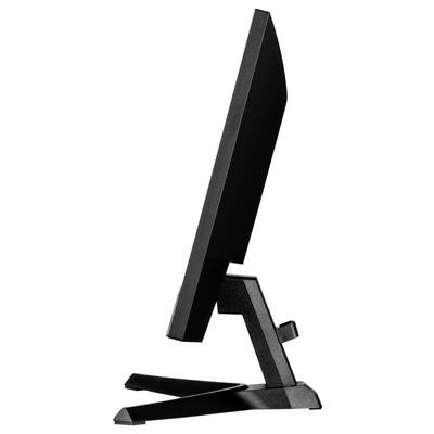 Un moniteur installé latéralement sur un support, présentant un design élégant et une hauteur réglable en continu.