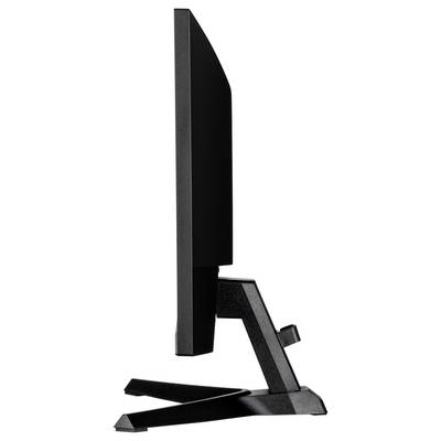 Vue latérale d'un écran d'ordinateur plat noir sur un support stable.