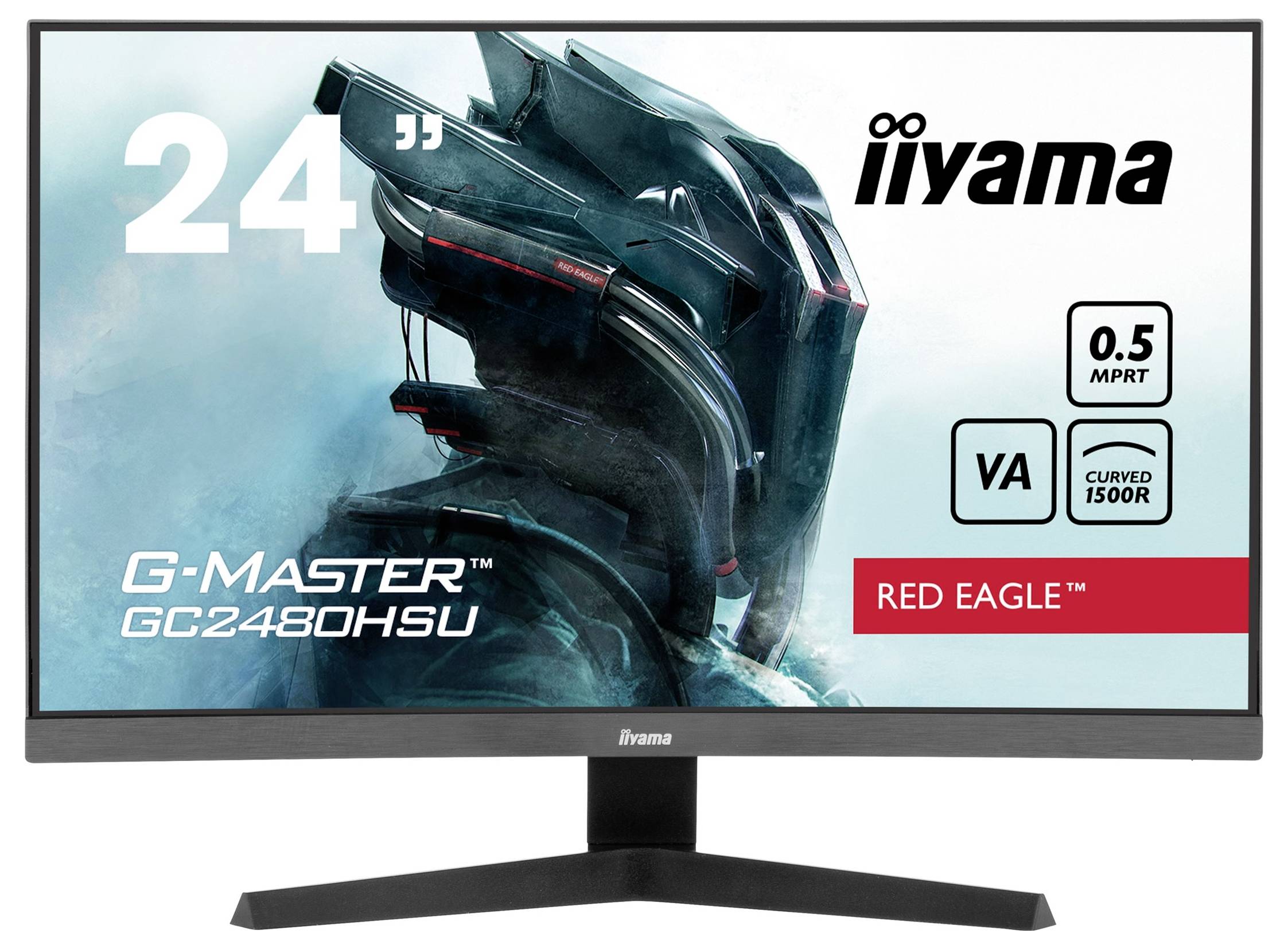 Un moniteur portant l'inscription '24"', 'iiyama', 'G-Master GC2480HSU', 'VA', 'Curved 1500R', 'Red Eagle', affiche un design de casque futuriste.