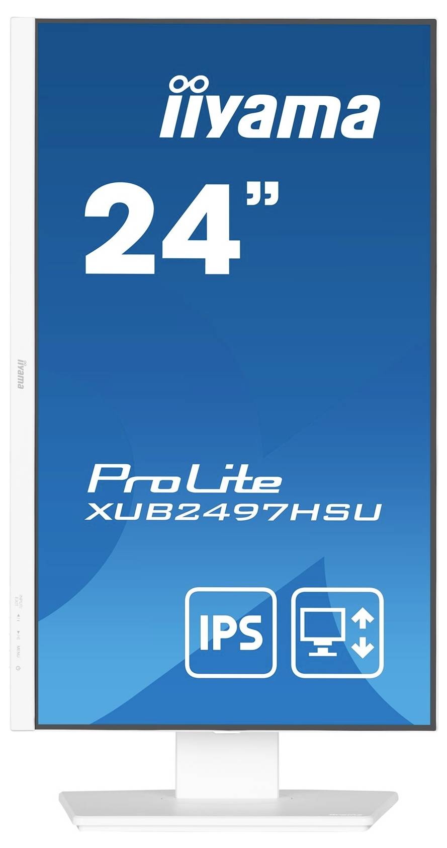 Un moniteur portant l'inscription 'iiyama ProLite XUB2497HSU', de 24 pouces, avec technologie IPS, et des symboles indiquant la taille de l'écran et les options de connexion.