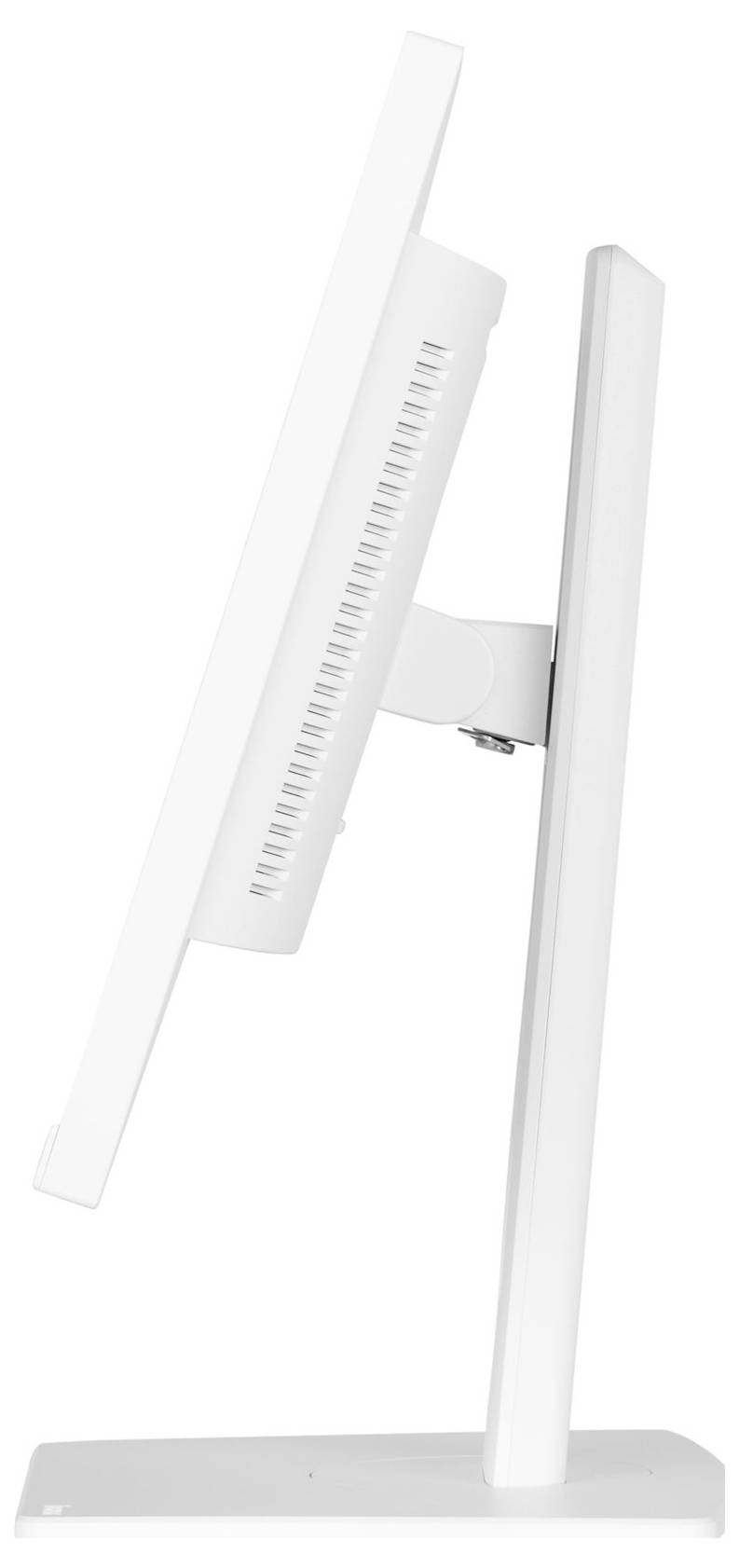 Un écran d'ordinateur blanc vu de côté. L'écran est fin et repose sur un socle étroit.