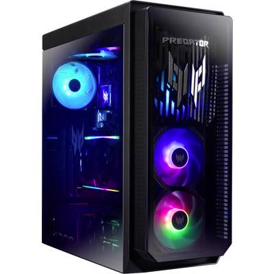 Un boîtier de PC gaming éclairé présente des parois transparentes avec des ventilateurs LED colorés et des composants internes visibles.
