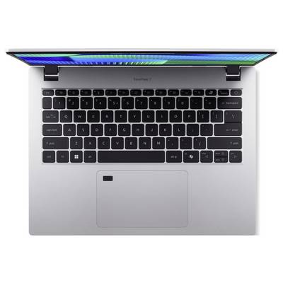 Vue de dessus d'un ordinateur portable ouvert, l'écran affichant des couleurs. Clavier noir avec un pavé tactile et un capteur d'empreinte digitale en dessous.