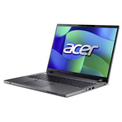 Ordinateur portable compact de la marque Acer avec écran antireflet, fabriqué en aluminium. L'image de fond représente des vagues vertes et bleues.