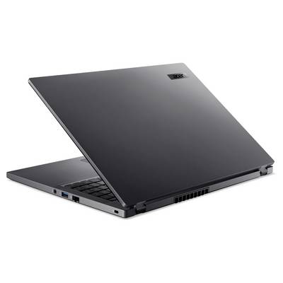 Un ordinateur portable Acer gris mi-ouvert avec une grille d'aération visible sur le côté et un port USB bleu au premier plan.