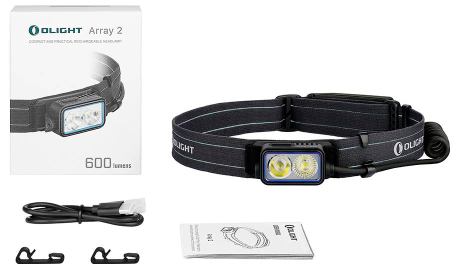 Lampe frontale Olight Array 2 avec emballage, 600 lumens, deux pinces de fixation, câble de charge et mode d'emploi.