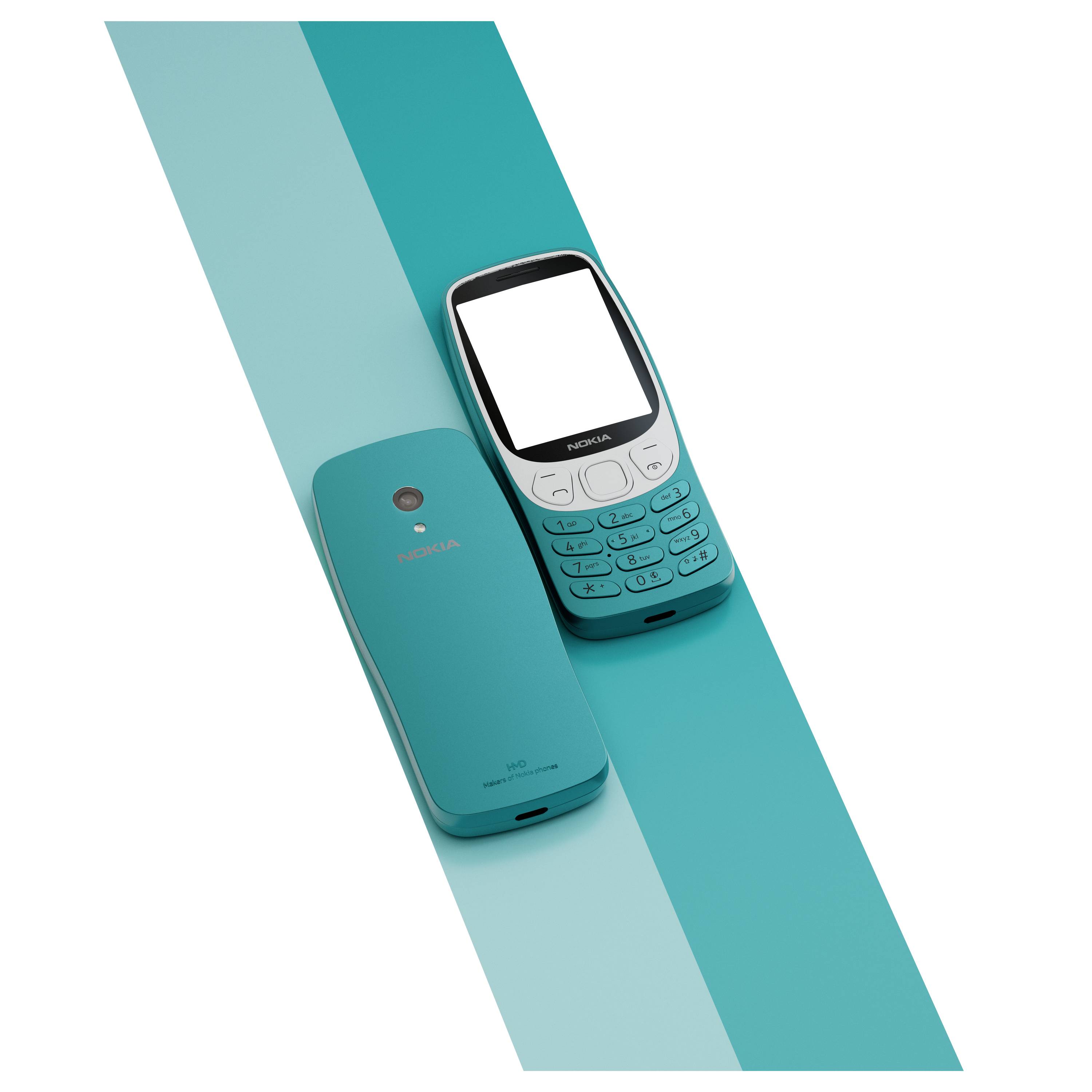 Deux téléphones mobiles classiques de couleur turquoise. Un téléphone montre la face avant avec les touches et l'écran, l'autre montre la face arrière.