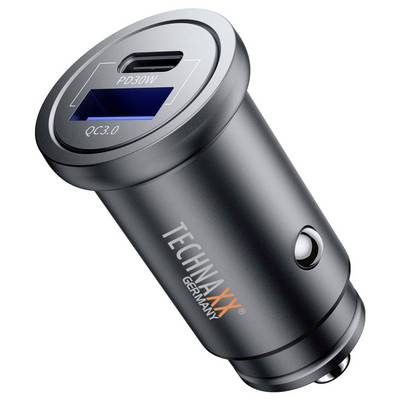 'Chargeur de voiture Grauer TechnaX, deux ports USB (PD30W, QC3.0) pour une charge rapide, compact et au design moderne.'