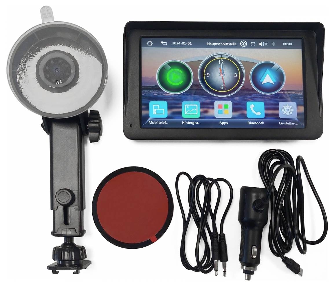 Un appareil de navigation GPS avec accessoires : support à ventouse, câble, câble de chargement et pad adhésif. L'écran affiche des symboles d'applications et de paramètres.