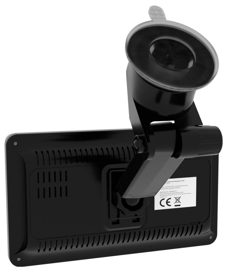 Appareil de navigation avec support à ventouse pour fixation sur pare-brise, montrant l'arrière avec des détails techniques et le marquage CE.