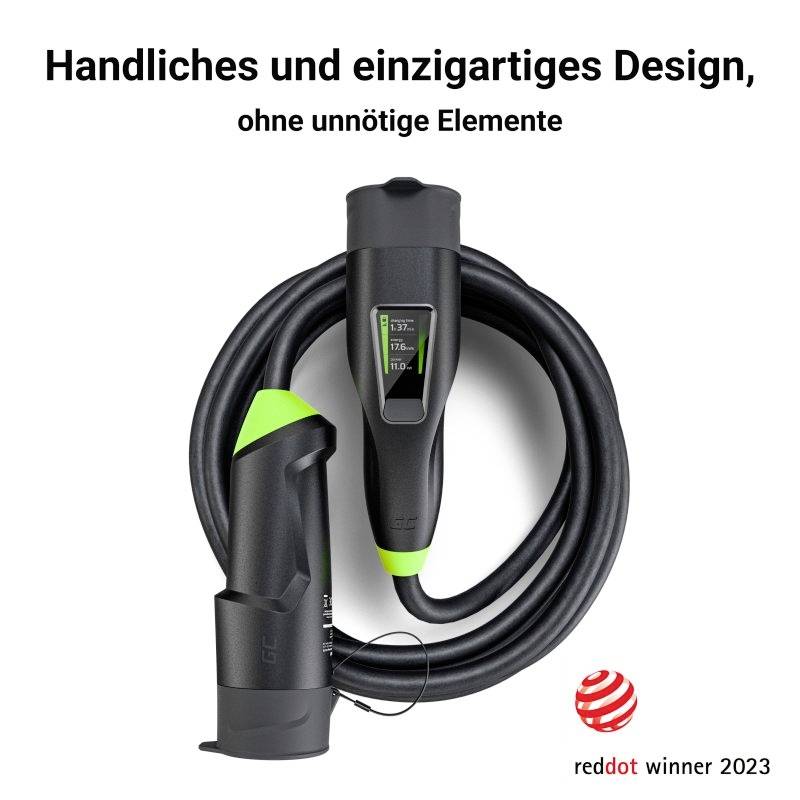 Câble de charge pour véhicules électriques au design moderne et compact. Inscription : 'Design pratique et unique, sans éléments superflus'. Lauréat du 'reddot winner 2023'.