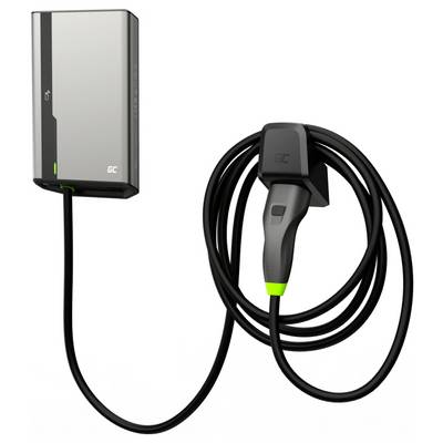 Station de recharge pour véhicules électriques avec câble noir et connecteur.
