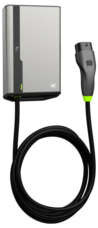 Chargeur électrique avec câble et fiche, prêt à être branché à un véhicule. Le voyant LED indique l'état de fonctionnement.