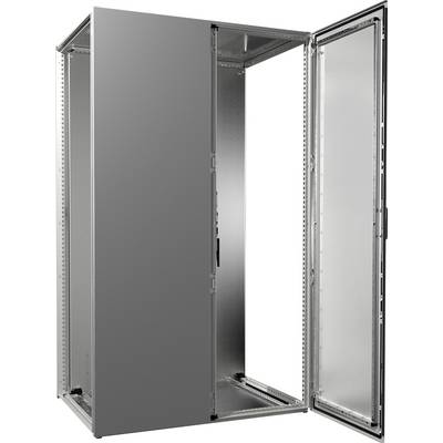 Une armoire métallique grise ouverte, vide, avec un châssis et des portes. Convient parfaitement pour abriter des équipements techniques ou des serveurs.