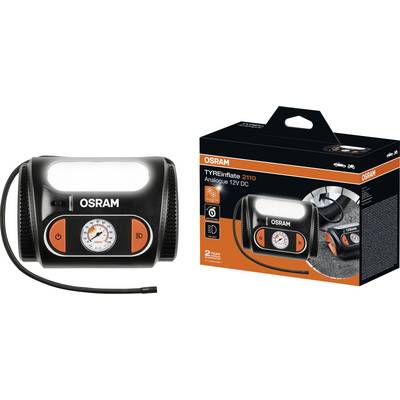 Compresseur de pneu avec manomètre analogique. Noir, avec détail orange. L'emballage présente le produit et une image d'utilisation dans une voiture.