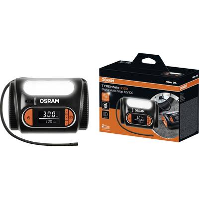 Vérificateur de pression des pneus numérique "OSRAM TYREinflate 2120" avec arrêt automatique. L'écran affiche la pression en bars. Emballage à droite.