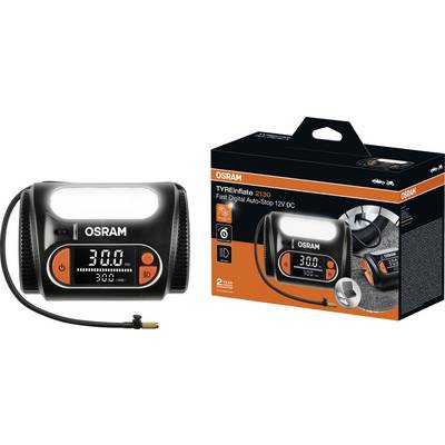 Pompe à pneus Osram 'TYREinflate 2130', arrêt automatique numérique rapide, 12V DC, illustration avec emballage, design du produit.
