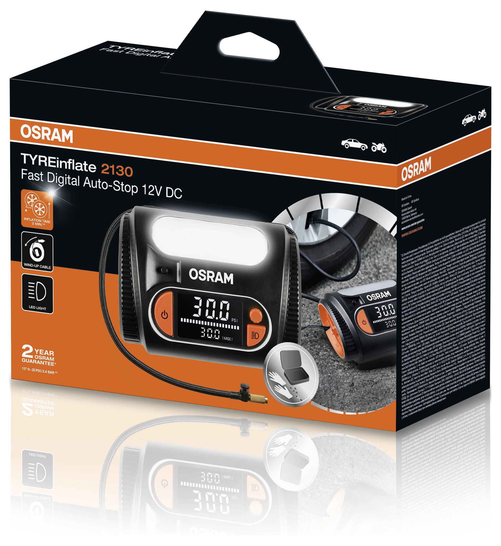 Emballage d'une pompe à air pour pneus numérique OSRAM TYREinflate 2130 avec fonction d'arrêt automatique, débit de 300 litres par minute, 12V DC.