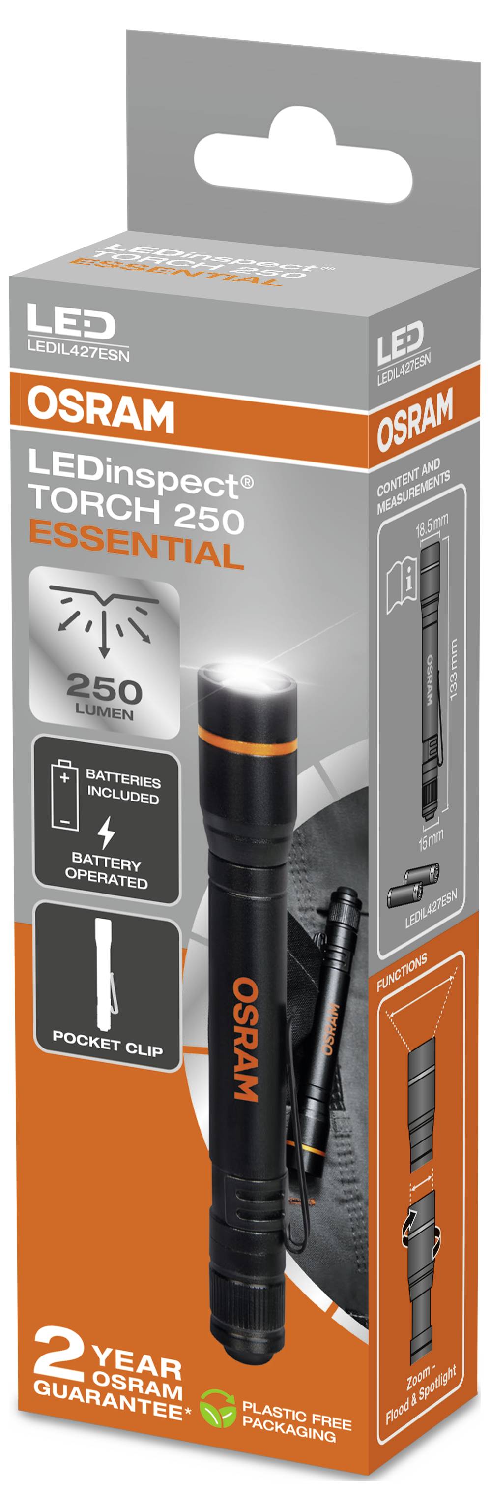 Emballage d'une lampe de poche LED OSRAM 'LEDinspect TORCH 250'. Présente les détails : 250 lumens, fonctionnement sur batterie, avec clip de poche.