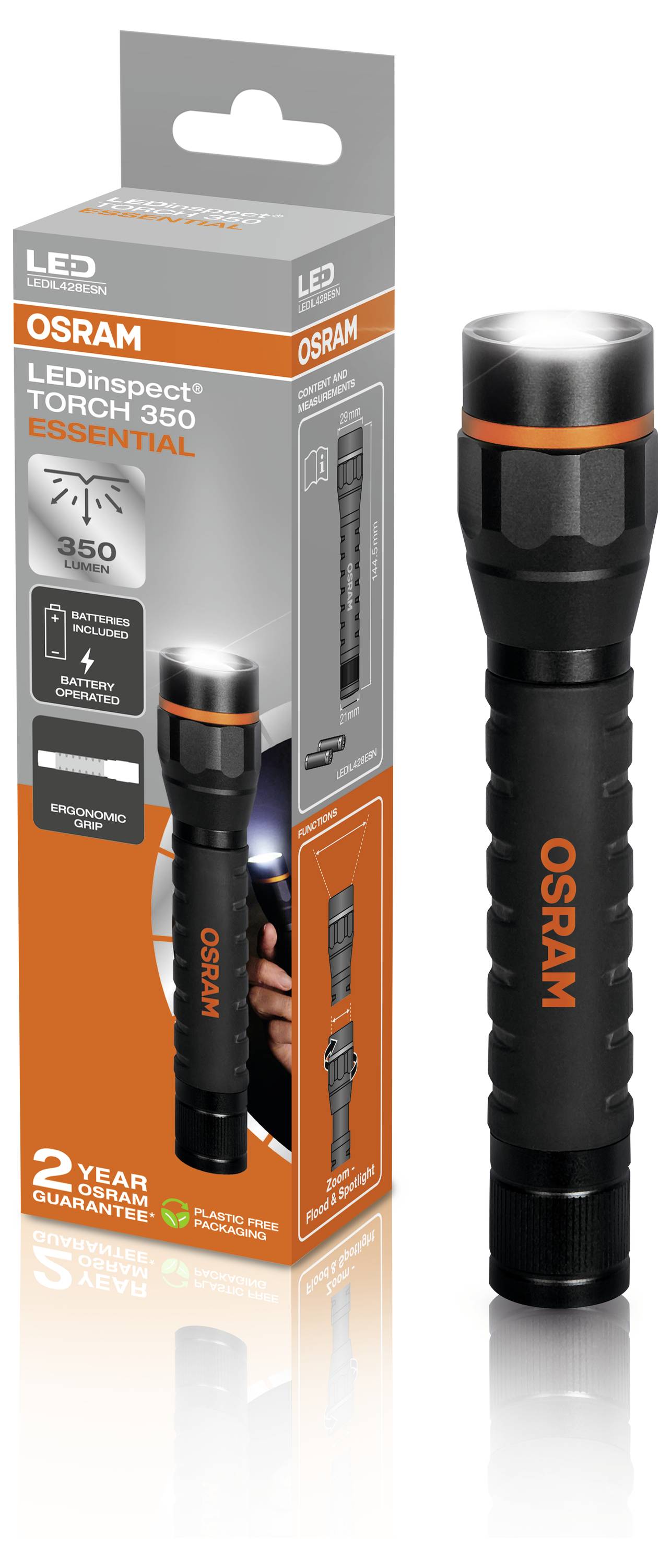Voici une lampe de poche LED Osram à côté de son emballage. Sur l'emballage, on peut voir des informations sur le produit et une image de la lampe.