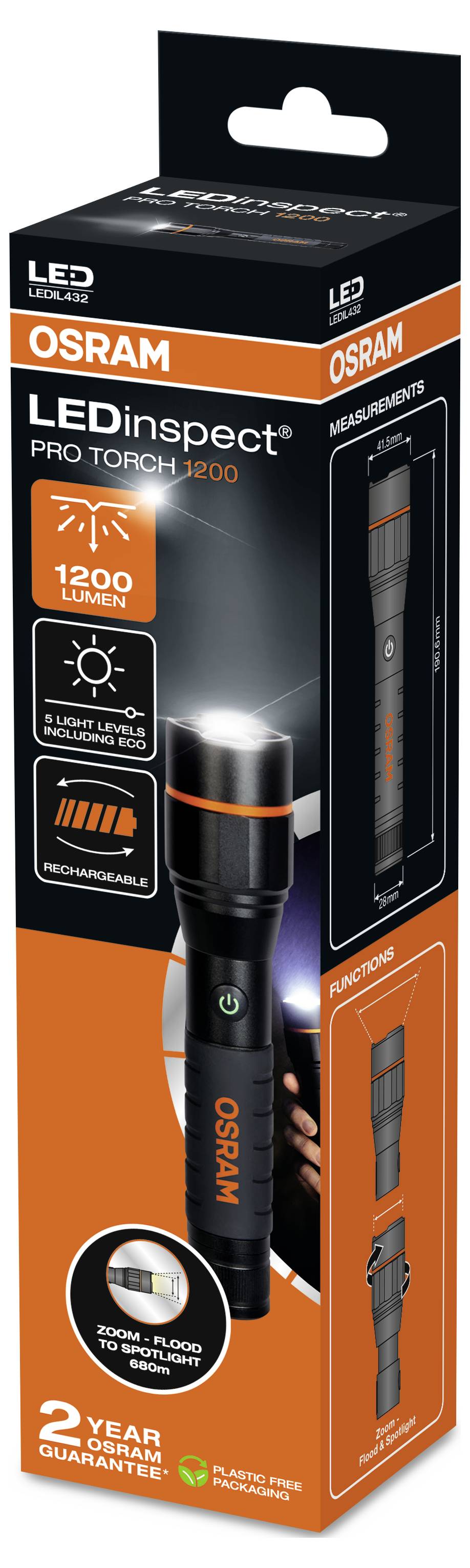 'Boîte d'une lampe torche Osram LEDinspect Pro Torch 1200 avec 1200 lumens, batterie rechargeable et faisceau lumineux focalisé.'