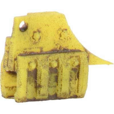 Un petit modèle de char jouet jaune à la surface rustique.