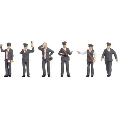 Six petites figurines en uniformes de cheminots avec une cravate rouge. Chaque figurine présente des gestes différents, comme lever la main et pointer du doigt.