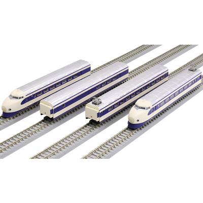 Modèle de deux trains à grande vitesse blancs sur des rails, décorés de bandes bleues, exposés côte à côte.