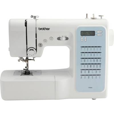 Machine à coudre avec affichage numérique et plusieurs options de points sur le côté, adaptée à différents projets de couture.