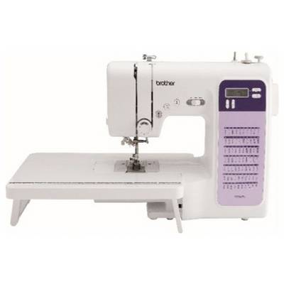 Machine à coudre blanche avec panneau de commande lilas, écran et table d'extension. Adaptée à divers points et fonctions de couture.