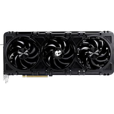 Carte graphique noire avec trois ventilateurs et un logo de loup stylisé au centre. Adaptée pour du matériel informatique haute performance.
