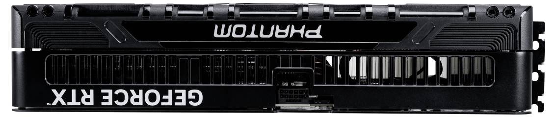 Carte graphique portant l'inscription 'GEFORCE RTX PHANTOM', avec des fentes de ventilation détaillées, colorée en noir.