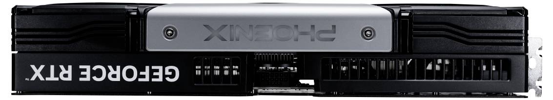 Carte graphique avec l'inscription 'GEFORCE RTX' sur le côté, détails noirs et argentés, ventilateur visible en dessous.