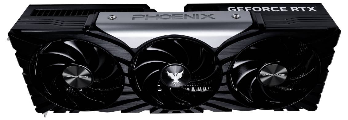 Une carte graphique avec trois ventilateurs et portant les inscriptions 'PHOENIX' et 'GEFORCE RTX' sur sa partie supérieure.