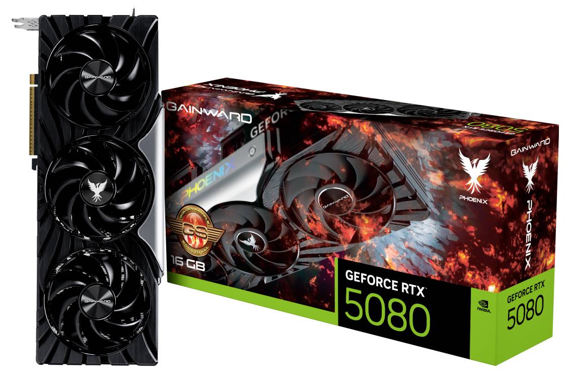 Une carte graphique Gainward GeForce RTX 5080 avec un design de ventilateur triple et son emballage mettant en valeur ses performances graphiques.