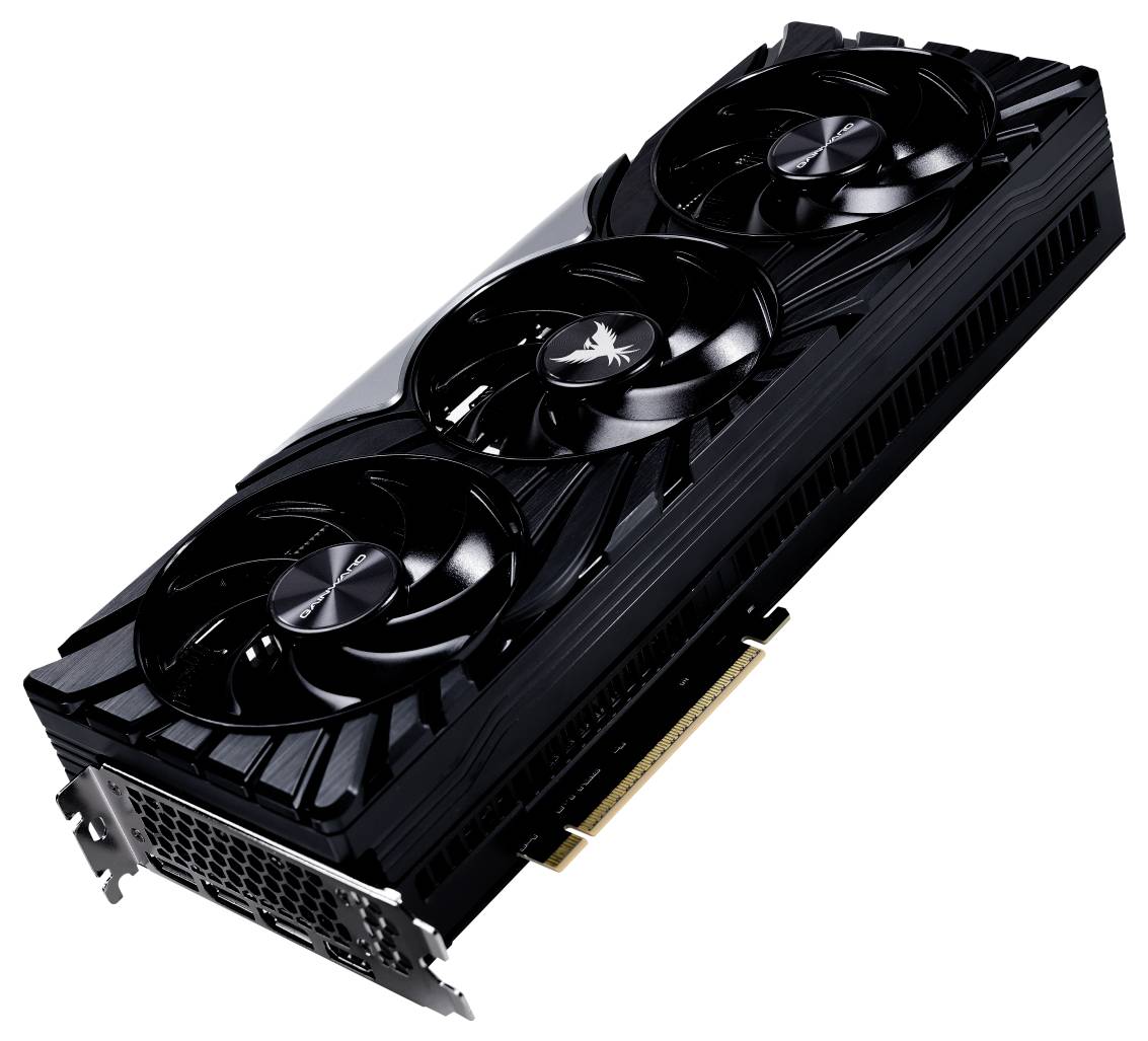 Carte graphique noire avec trois ventilateurs, ports HDMI et DisplayPort sur le côté, adaptée aux applications informatiques hautes performances.