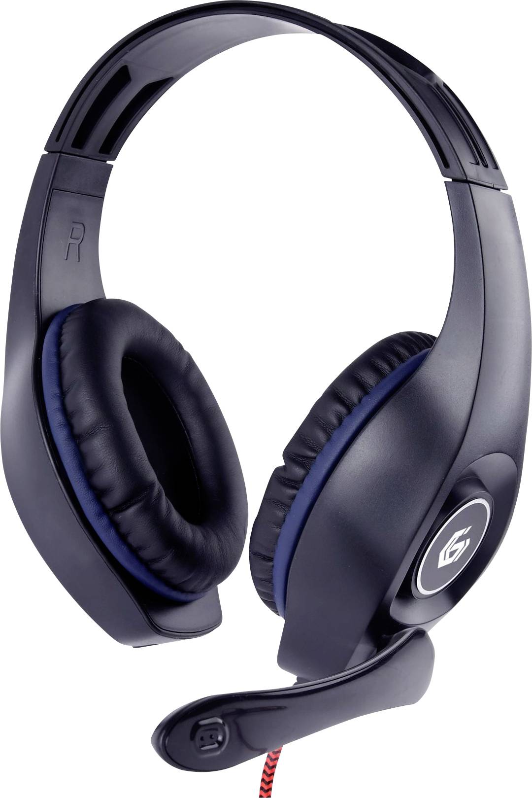 Casque noir over-ear avec microphone, câble rouge et coussinets en similicuir. Idéal pour le gaming ou les téléconférences.