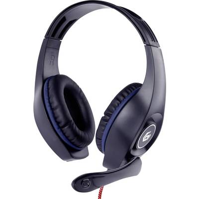 Casque noir over-ear avec microphone, câble rouge et coussinets en similicuir. Idéal pour le gaming ou les téléconférences.