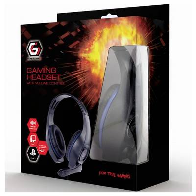 Emballage d'un casque gaming avec contrôle de volume, design de fond explosif et logos pour PC, PS4 et appareils mobiles.
