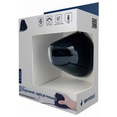 Souris optique ergonomique Gembird en noir, livrée dans un emballage avec connexion USB et réglage du DPI ajustable.