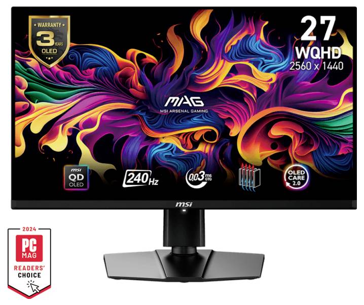 Moniteur de jeu avec écran WQHD de 27 pouces, résolution 2560 x 1440, 240 Hz, technologie OLED, garantie de 3 ans. Motif coloré dynamique.
