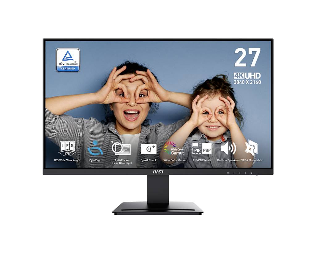 L'écran montre deux personnes qui rient et forment des lunettes avec leurs mains. En haut à gauche, le symbole du certificat TÜV, à droite la résolution '27 4K UHD 3840 x 2160'.
