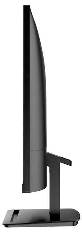 Un écran d'ordinateur noir et élancé vu de profil ; support moderne au design minimaliste.