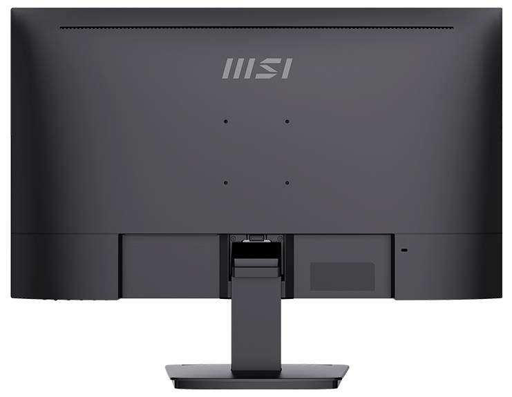 Dos d'un moniteur d'ordinateur noir avec logo de marque et socle.