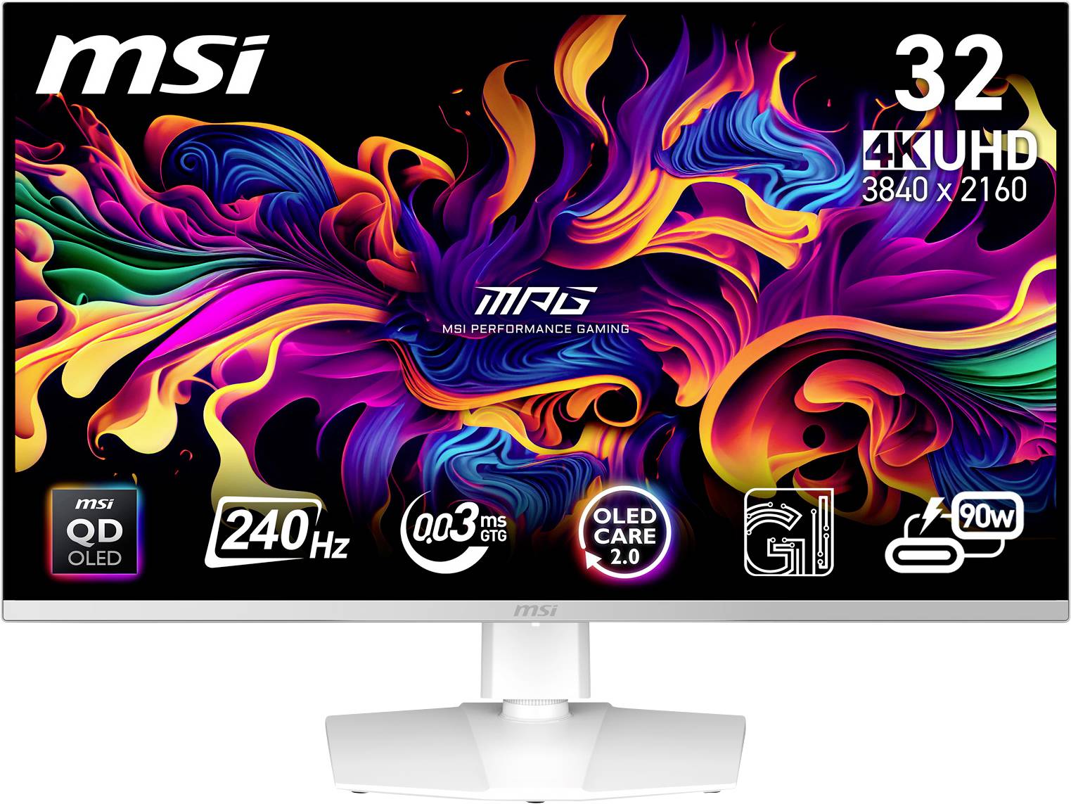 Image d'un moniteur MSI de 32 pouces avec un écran couleur lumineux, une résolution 4K Ultra HD, un taux de rafraîchissement de 240 Hz et diverses icônes technologiques.