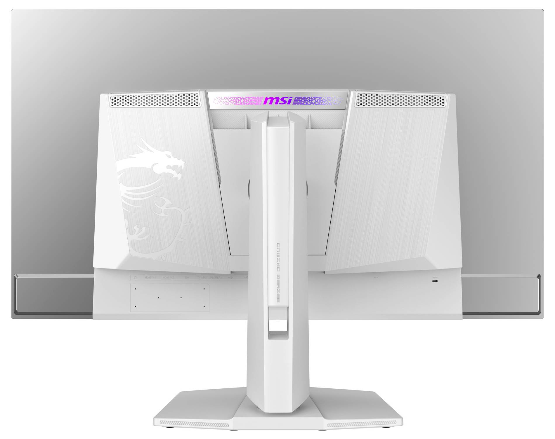 Un écran d'ordinateur blanc vu de dos, avec un logo de dragon et l'inscription MSI en haut.