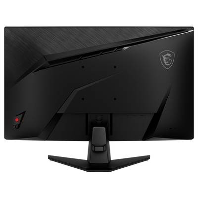 Vue arrière d'un moniteur d'ordinateur noir moderne avec un logo dans le coin supérieur droit et un design épuré et anguleux.