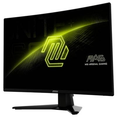 Un moniteur de jeu incurvé de MSI avec un logo vert lumineux et l'inscription 'MSI Arsenal Gaming'. L'écran affiche un design futuriste.